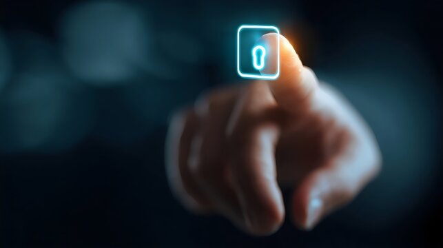 A close-up of a male hand interacting with a digital lock icon, symbolizing security and technology.