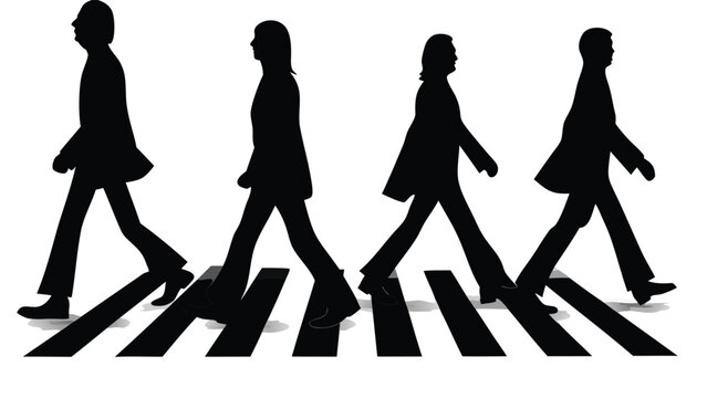 Four silhouetted figures walking across a zebra crossing in a well known album cover recreation
