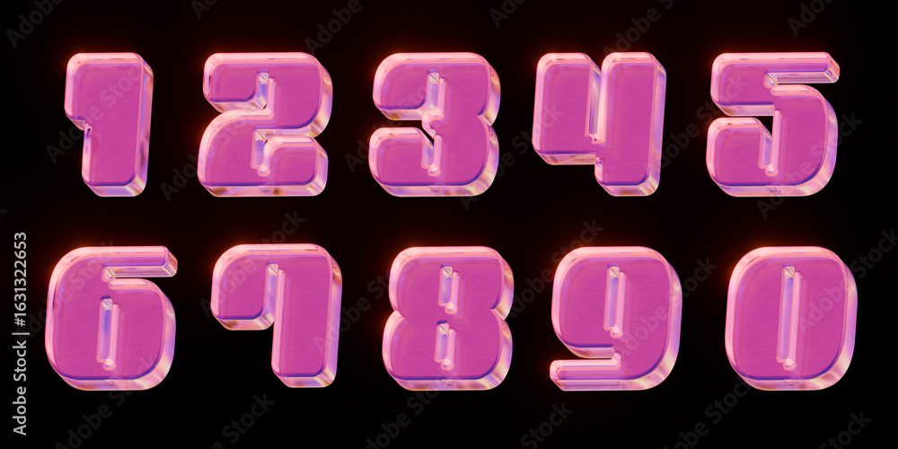 Poster 3d pink numbers with a realistic glass effect from 0 to 9 isolated on black background. set of numbe
