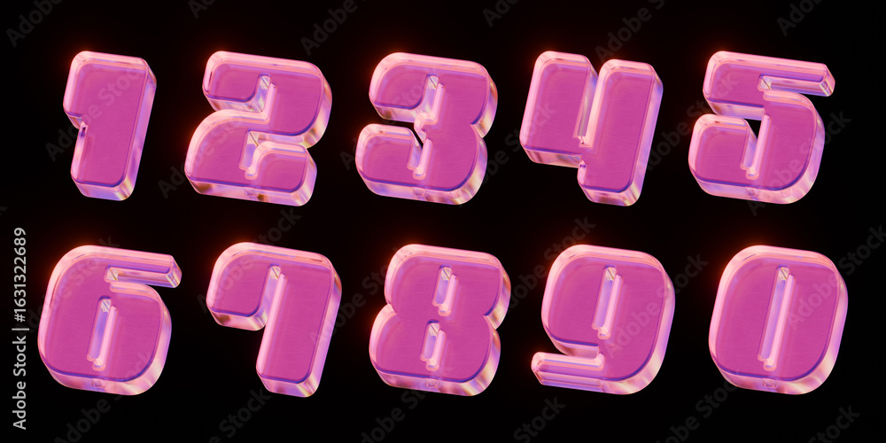 Fototapete 3d pink numbers with a realistic glass effect from 0 to 9 isolated on black background. set of numbe