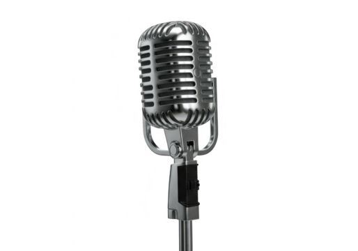 A vintage silver microphone on a stand, isolated on a transparent background, representing music, audio recording, and classic performance
