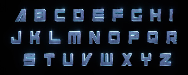 Realistic 3D metal font in y2k style isolated on black background. Shiny metallic letters with Y2K style, metallic alphabet letters, chrome text and. futuristic chrome font. 3D metallic alphabet set