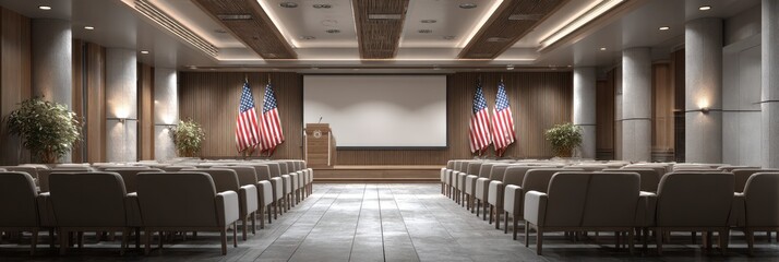 Conference room set up for a formal presentation with American flags displayed prominently