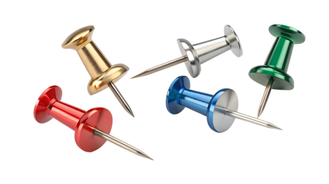  different angles coloring push pin collection isolated on transparent background 