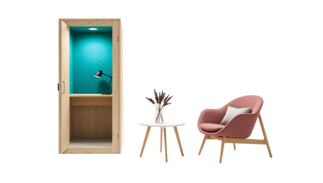 Modern workspace interior featuring a cozy phone booth, chair, and minimalist table isolated - Powered by Adobe