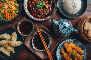 Delicious Chinese food spread featuring dumplings, rice, and flavorful dishes on a rustic wooden table