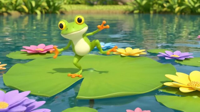 Joyful cartoon frog dancing happily on large lily pad surrounded by flowers