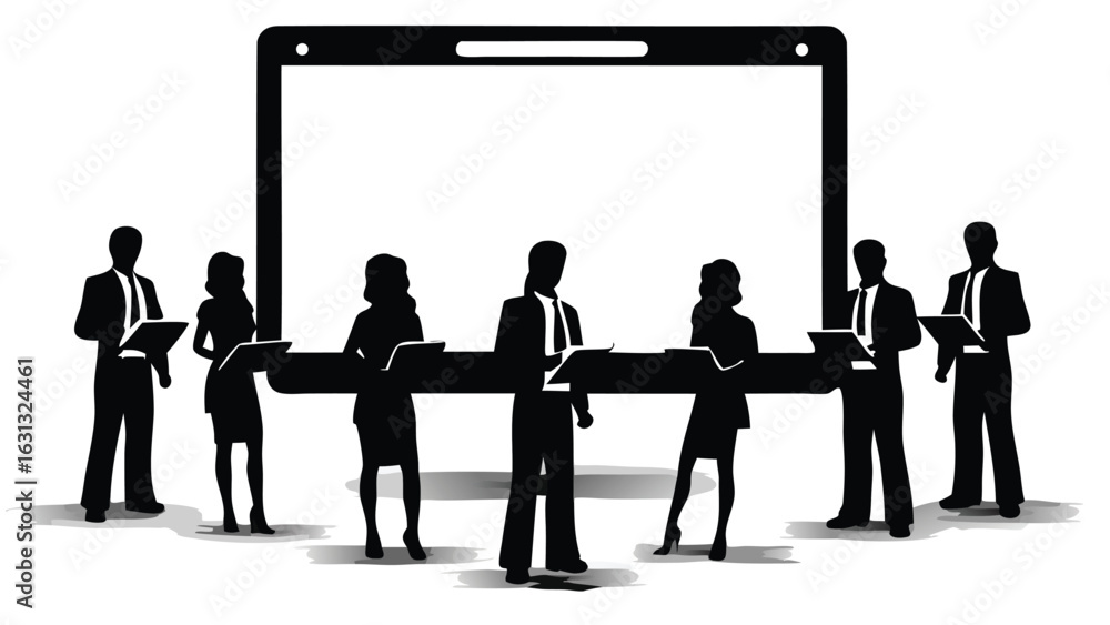 Poster silhouette of business people standing in front of a large tablet style screen display device