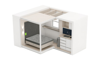 Obraz premium Conceptual tiny house interior rendering on a transparent surface with bedroom and kitchen,