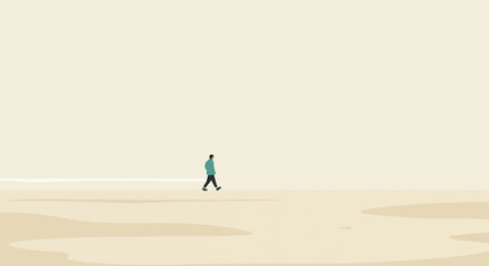 Man walking desert. Serene, isolated, beige background. Minimalist travel concept