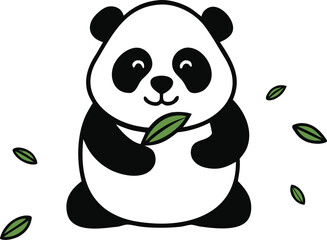 Cute panda eating bamboo with scattered leaves and crumbs