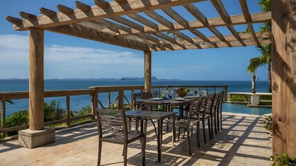 Island terrace with shaded pergola and ocean breeze