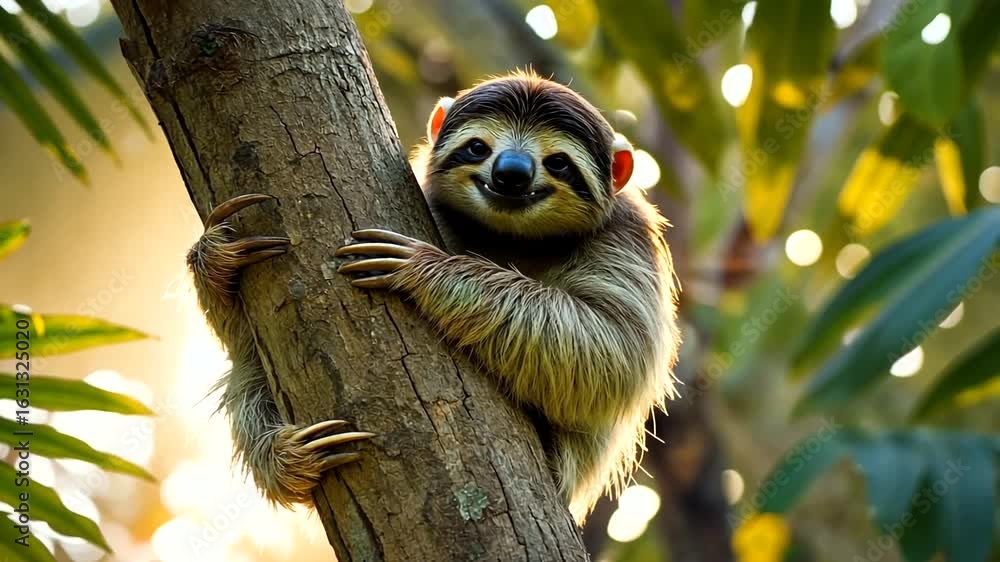 Poster a sloth clings to a tree branch in a vibrant forest, illuminated by soft sunlight in the background