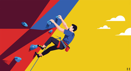 Climber on wall; Indoor climbing for fitness with colorful background and cloud shapes