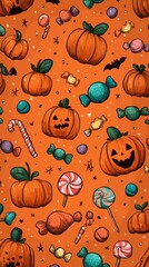 Colorful Halloween pattern featuring pumpkins, candies, and bats on an orange background celebrating the festive season