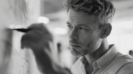 Focused businessman intently sketching ideas on whiteboard, brainstorming creative solutions in modern office
