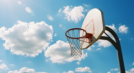 青空の下、白い雲が浮かぶバスケットゴールが爽やかに輝く