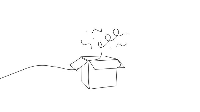 Open gift box with confetti, Continuous line drawing animation, Surprise party celebration.