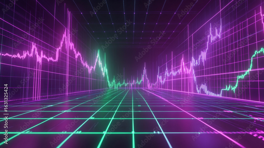 Poster neon glowing stock market graph data visualization abstract background