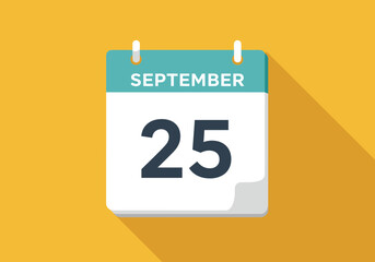 September 25 calendar icon with a long shadow effect. Flat design vector graphic for date, schedule, and appointment reminders.
