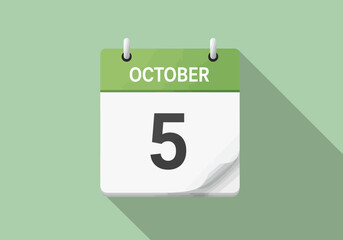 October 5 on a daily calendar page icon in a flat design style. Vector graphic with a long shadow, representing a date, schedule, or appointment.