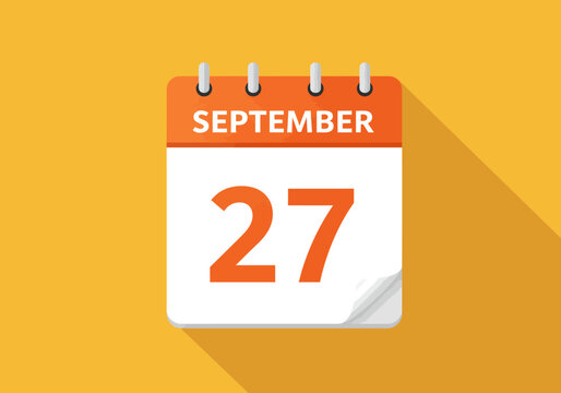 September 27 daily calendar icon with a long shadow effect. A flat vector graphic for scheduling and reminders.