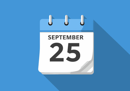 Daily calendar icon for September 25 in a modern flat design. Vector illustration with a long shadow on a blue background.