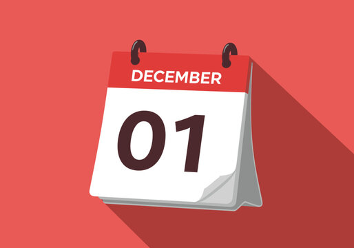 A vibrant graphic illustration of a daily desk calendar showing the date December 01, a flat design vector icon for reminders and scheduling.