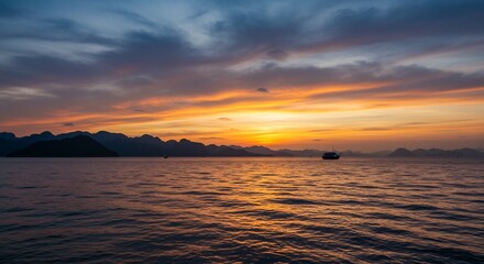 夕焼け空に染まる静かな海と山々の絶景が広がる風景写真