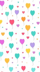 Colorful heart-shaped balloons pattern on white