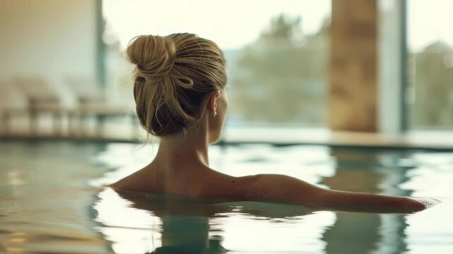 Woman with blonde hair in bun is seen from behind, immersed in tranquil indoor pool. serene setting features large windows, blurring landscape, promoting calmness, peace.