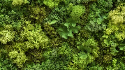 Naklejka premium 29.A close-up shot of stabilized moss and lichens, preserved with glycerin, offering a rich, green texture perfect for use in interior designs. The moss and lichen fill the frame with their intricate