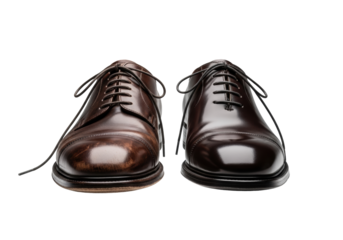 Heavily scuffed, worn dark brown men's oxford shoe with untied laces beside a pristine, polished new one on a clean transparent studio background, low-angle close-up. Concept of time's passage and