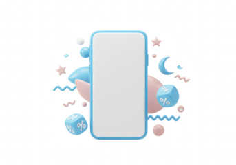 3d illustration of a smartphone with a blank screen surrounded by abstract shapes, dice with percentage symbols, and confetti, isolated on transparent background