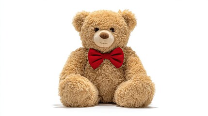 Fototapeta premium A plush, tan-colored bear with a red bow tie sits, facing forward, on a white background