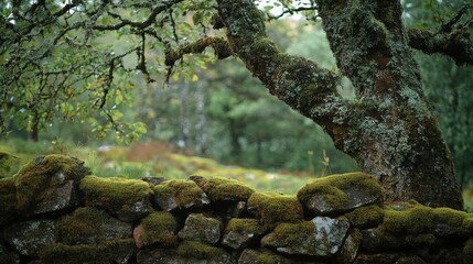 64.An atmospheric scene in a temperate forest showcasing a tree draped in green lichen, with a moss-covered stone wall in the foreground. The earthy tones of the moss blend with the vibrant greens of