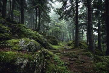 Obraz premium Exploring a dark green forest landscape full of mossy rocks and tall trees, revealing nature's tranquility and mystery during a foggy day