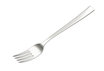 A sleek stainless steel fork with a reflective finish and a slightly curved handle. 3D Illustration