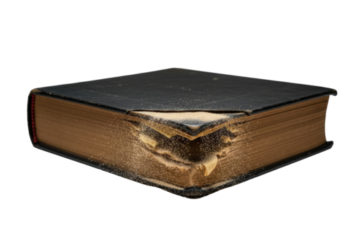 Antique, hardbound book with a disintegrating corner turning into dust and sand, on a seamless transparent studio background with dramatic macro lighting, concept of decay and impermanence