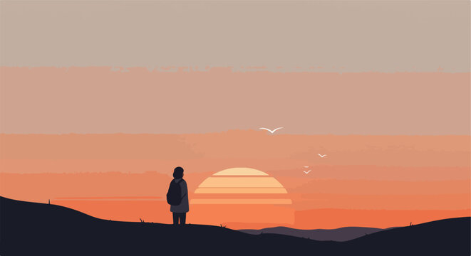 Person watches sunset over landscape with birds for illustration or blog use