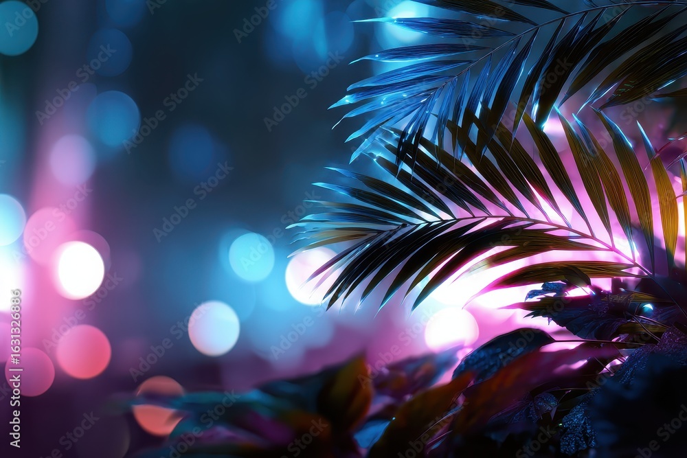 Poster brightly colored abstract background with lush tropical palm leaves under enchanting bokeh lights cr
