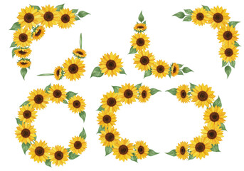 Collection of watercolor sunflowers arranged in various decorative frames and borders, isolated on a transparent background for design © Vooglo