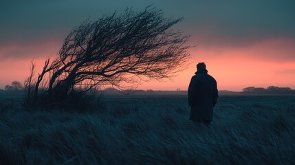 Solitude under a windswept tree at sunset