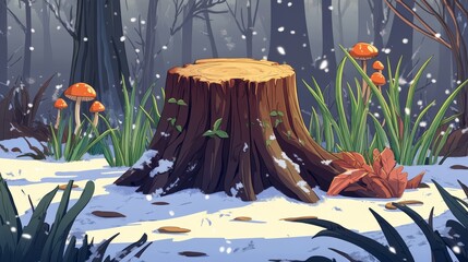 111.A cartoon-style depiction of a broken tree stump in a swamp jungle, surrounded by ivy, cattails, bulrushes, and liana vines. Honey mushrooms and fungus grow along the log, while snow lightly