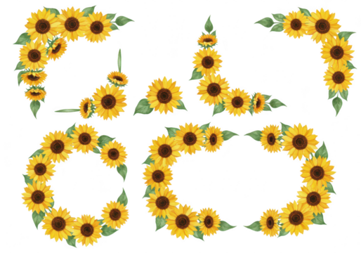 Collection of watercolor sunflowers arranged in various decorative frames and borders, isolated on a transparent background for design - Powered by Adobe