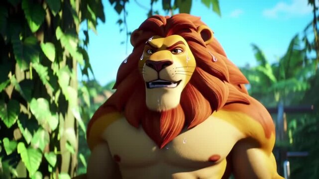 Animated lion working out in jungle