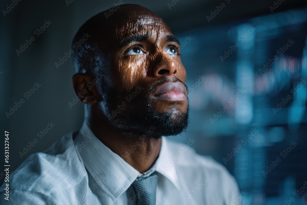 Aufkleber focused black stock market trader analyzing financial data in an office environment during the dayti