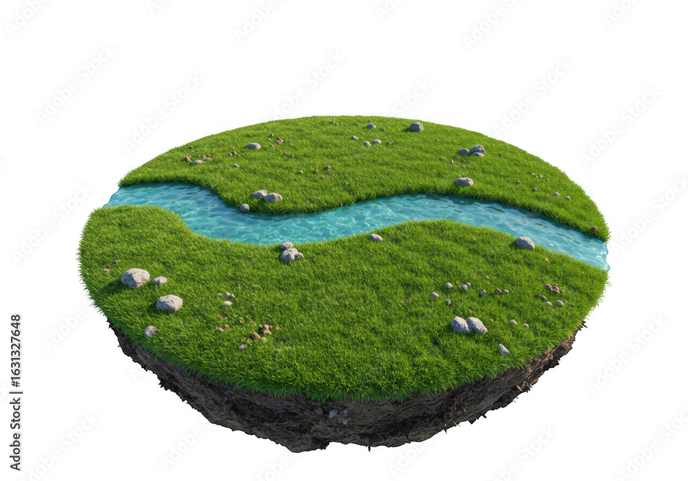 Poster a floating island with a river flowing through it, covered in green grass and rocks, isolated on tra