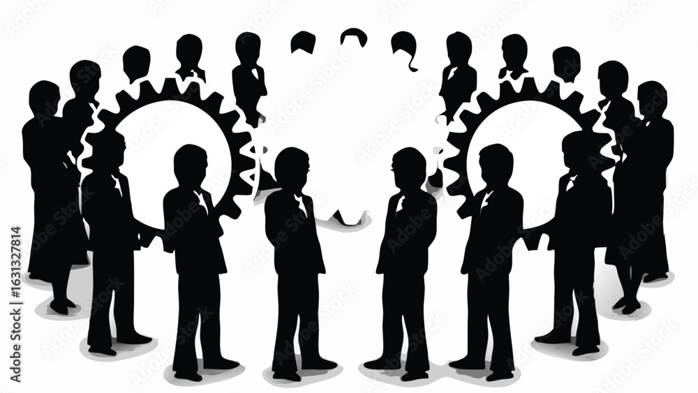 Poster silhouette figures stand around gears forming a circle representing teamwork and collaboration in bu