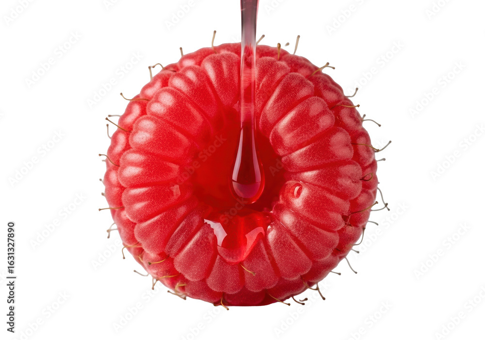 Poster single vibrant red raspberry, gently squeezed, ruby juice oozing from plump drupelets, macro close-u